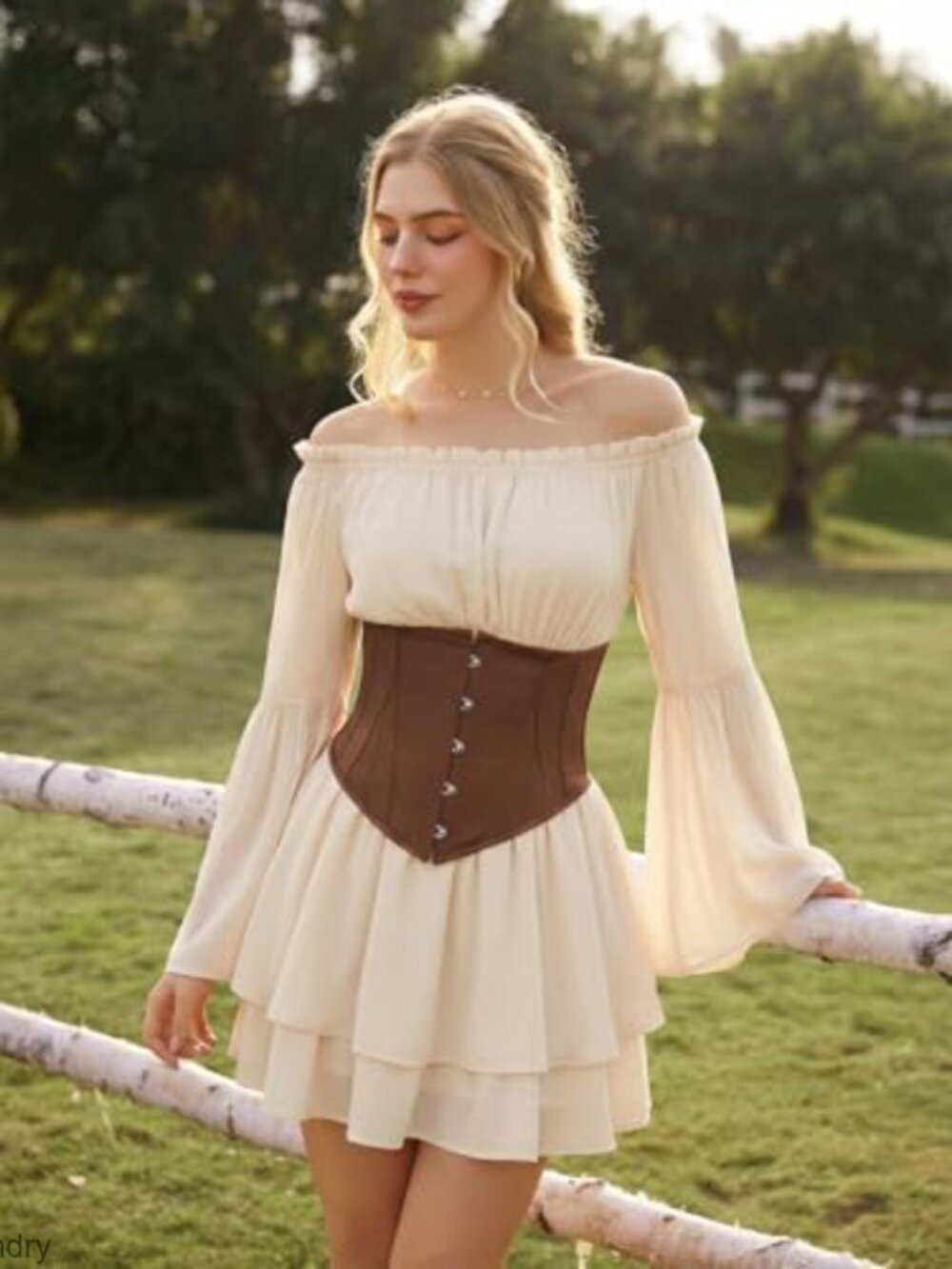Off Shoulder Corset Dress with Bell Sleeves and Pockets, Mini Length - Picture 3 of 7